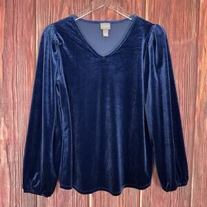 Chicos Womens Blue Velvet V-Neck Long Sleeve Top Size 1 / Medium M